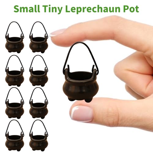 rosulasi 8 Pcs Mini Leprechaun Pot 50 Shamrock Plastic Coins St Patricks Day Decorations,St Patrick's Day Tiny Leprechaun Pot of Gold Bucket,Small Black Pots,Leprechaun Trap Supplies - Image 3