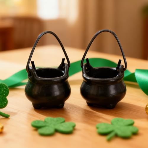 rosulasi 8 Pcs Mini Leprechaun Pot 50 Shamrock Plastic Coins St Patricks Day Decorations,St Patrick's Day Tiny Leprechaun Pot of Gold Bucket,Small Black Pots,Leprechaun Trap Supplies - Image 5