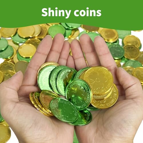 rosulasi 8 Pcs Mini Leprechaun Pot 50 Shamrock Plastic Coins St Patricks Day Decorations,St Patrick's Day Tiny Leprechaun Pot of Gold Bucket,Small Black Pots,Leprechaun Trap Supplies - Image 4