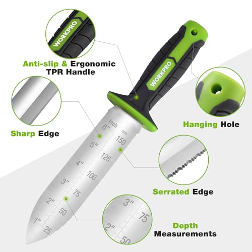 WORKPRO Hori Hori Garden Knife, 7" Stainless Steel Blade with Cutting Edge, Garden Tools with Oxford Sheath, Ergonomic TRP Handle with Hanging Hole for Weeding, Planting, Digging, Green - Image 4