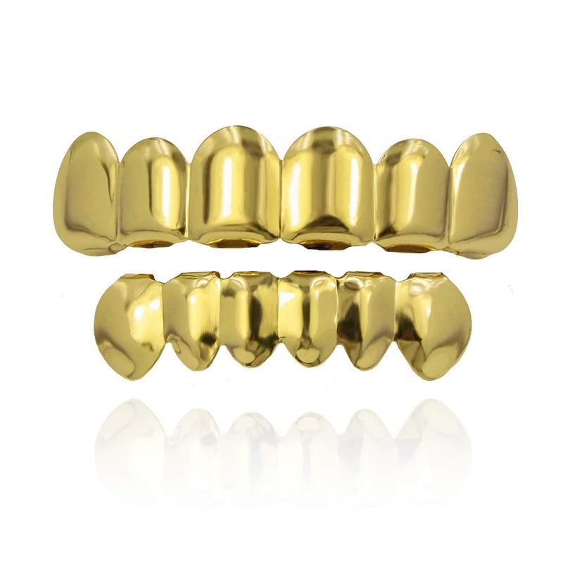 TOPGRILLZ 18K Gold Plated Hip Hop Custom Fit Teeth Grillz Set Caps with 4 Silicon Molding Bars (Gold 6 Fangs) - Image 1