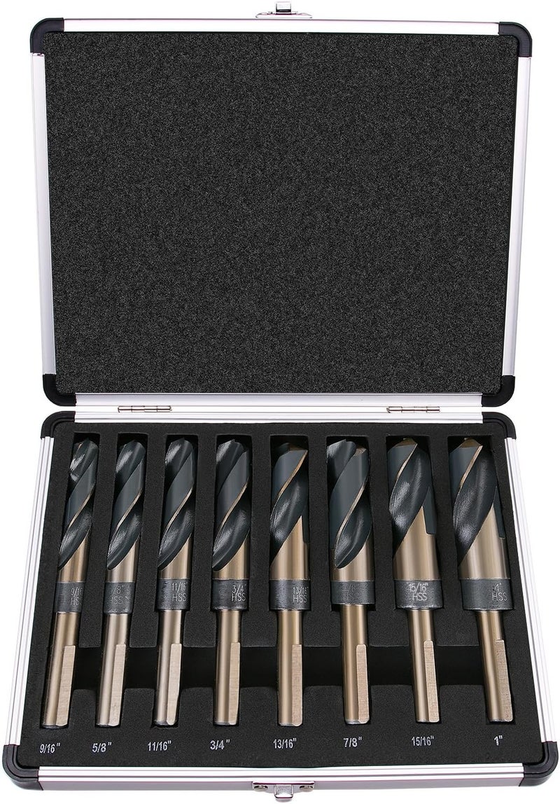 EFFICERE 8-Piece Premium 1/2” Reduced Shank Silver and Deming Large Drill Bit Set in Aluminum Carry Case, M2 High Speed Steel, 135-Degree Split Point | SAE Inch Size 9/16” - 1” by 1/16th Increment - Image 1