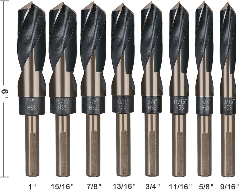 EFFICERE 8-Piece Premium 1/2” Reduced Shank Silver and Deming Large Drill Bit Set in Aluminum Carry Case, M2 High Speed Steel, 135-Degree Split Point | SAE Inch Size 9/16” - 1” by 1/16th Increment - Image 3
