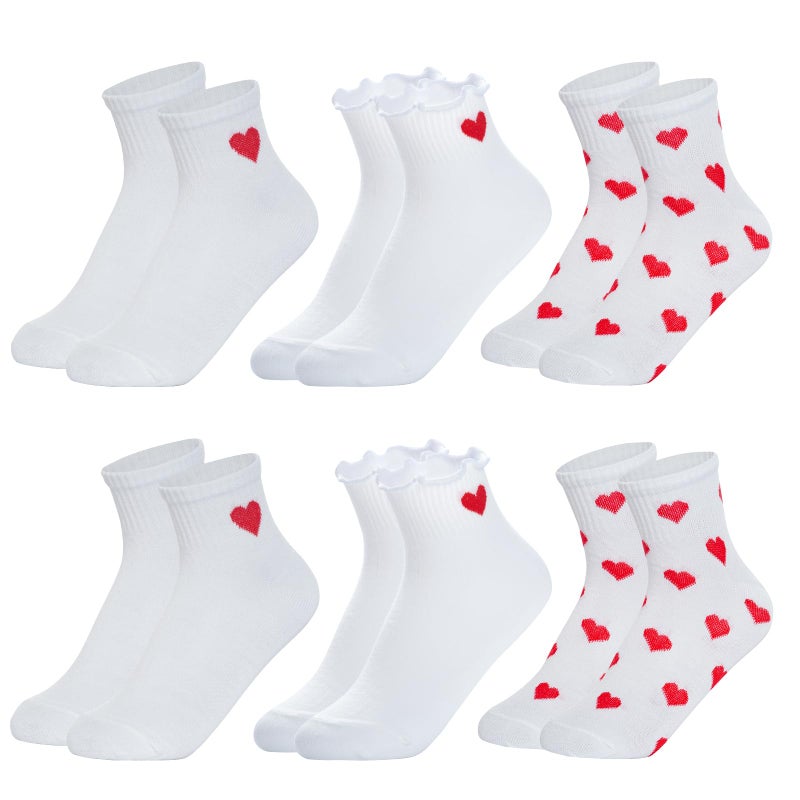 phnydreg 6 Pairs Heart Pattern Ankle Socks Red Heart Ruffle Quarter Socks for Women Girls - Image 1
