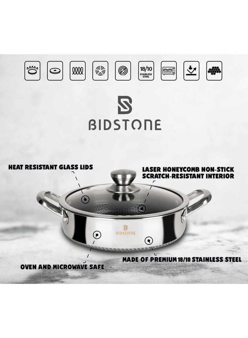 Bidstone Stainless steel Silver Finish Shallow Pot 24 CM (2.8L) – Oven Safe, Heat Resistant Glass Lid, Laser Honeycomb Non-Stick, Dishwasher Friendly, 2-Piece Set - Image 2