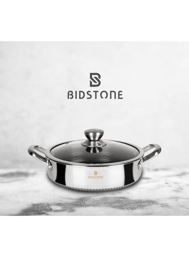 Bidstone Stainless steel Silver Finish Shallow Pot 24 CM (2.8L) – Oven Safe, Heat Resistant Glass Lid, Laser Honeycomb Non-Stick, Dishwasher Friendly, 2-Piece Set - Image 1