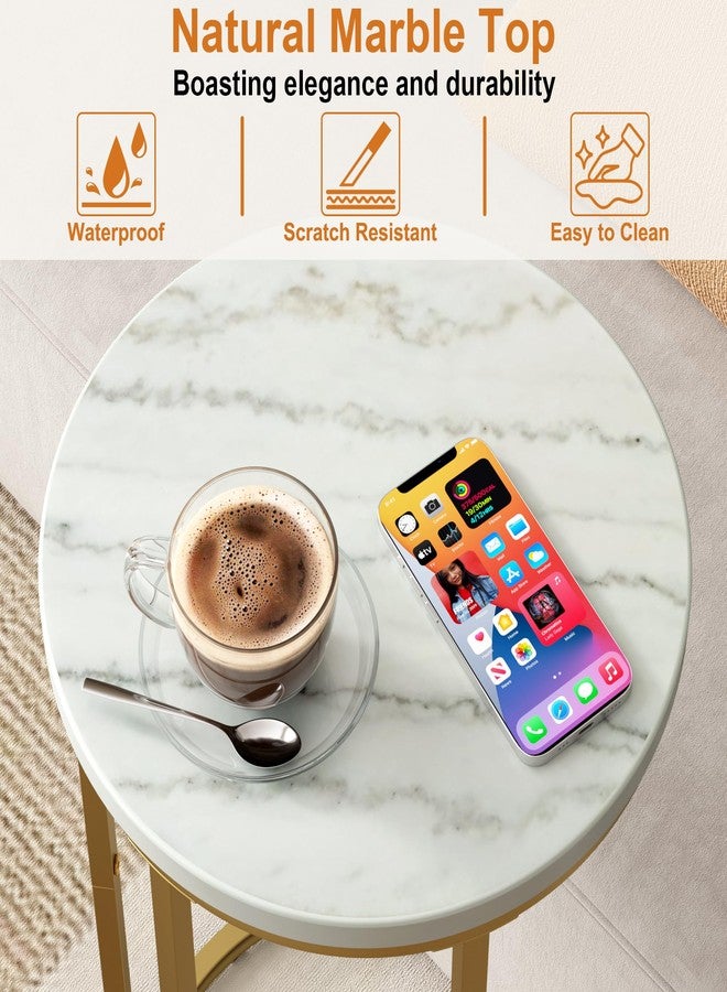 Function Home C Table End Table, Marble C Shaped Sofa Side Table, Couch Tables That Slide Under, Snack Accent Table for Living Room Bedroom Small Space, Marble Top and Gold Metal Frame - Image 5