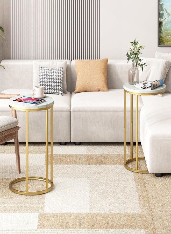 Function Home C Table End Table, Marble C Shaped Sofa Side Table, Couch Tables That Slide Under, Snack Accent Table for Living Room Bedroom Small Space, Marble Top and Gold Metal Frame - Image 2