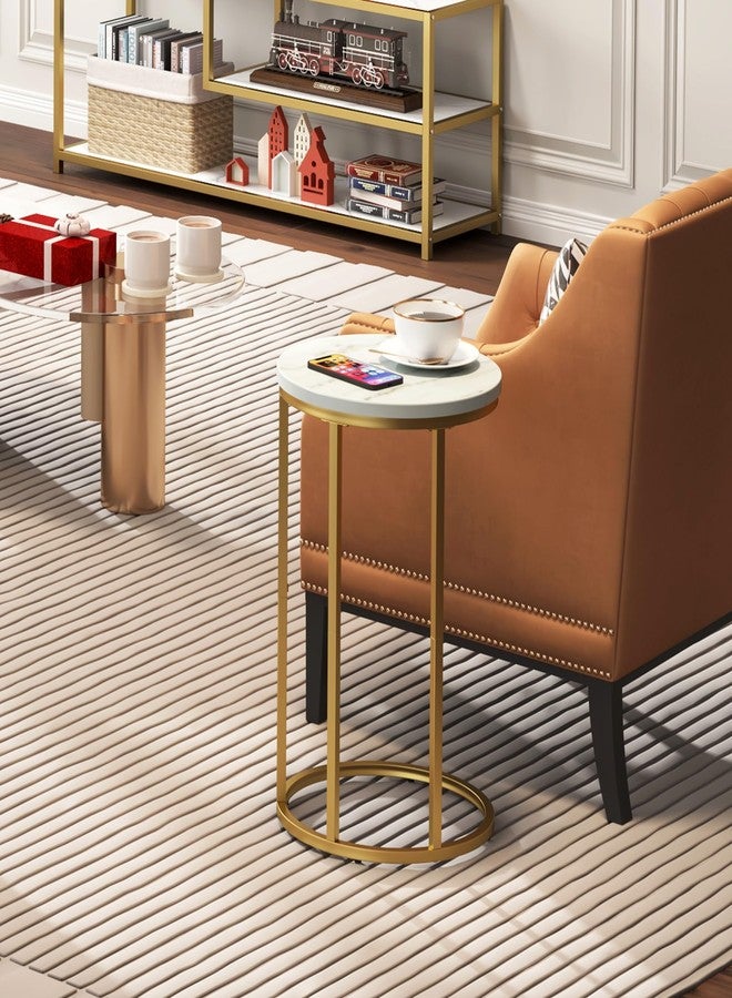 Function Home C Table End Table, Marble C Shaped Sofa Side Table, Couch Tables That Slide Under, Snack Accent Table for Living Room Bedroom Small Space, Marble Top and Gold Metal Frame - Image 4