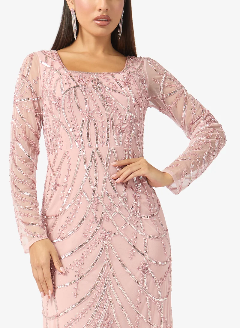 Namshi x  Plunge Neck Bead Embellished Evening Gown for Women | Best Price UAE