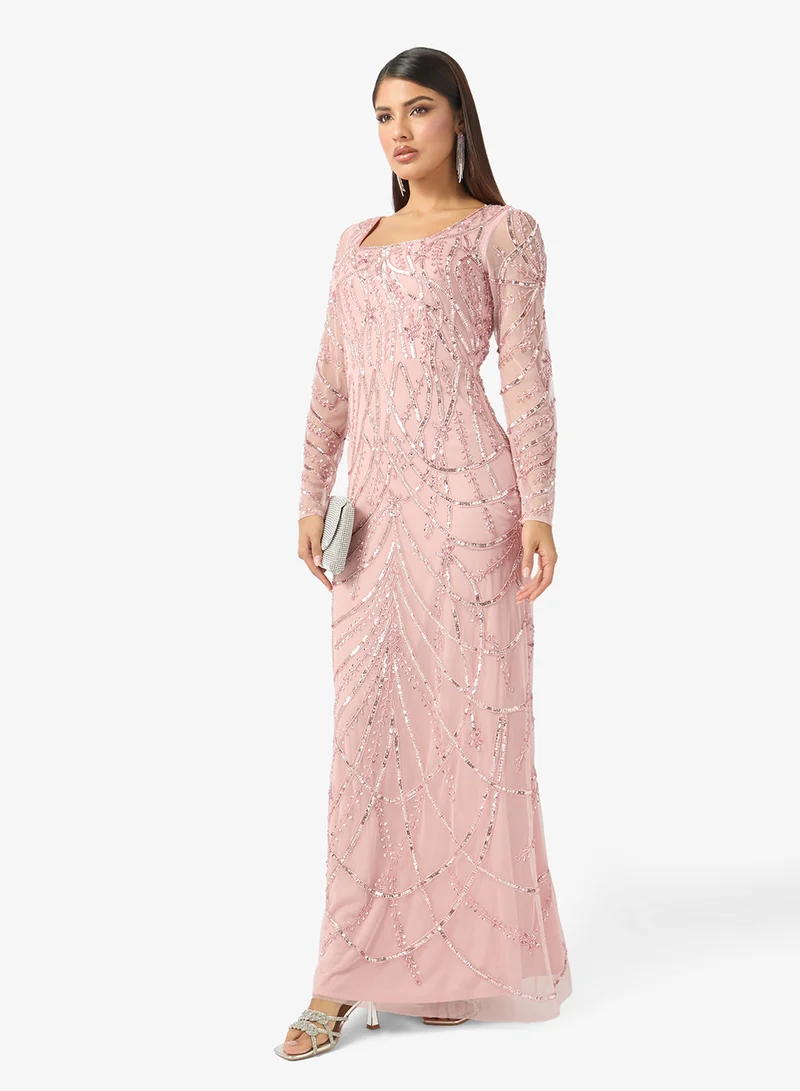 Namshi x  Plunge Neck Bead Embellished Evening Gown for Women | Best Price UAE