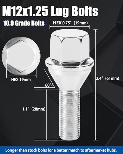 GAsupply 12X1.25 OEM Lug Bolts, Fit for 2015-2022 Jeep Renegade, 2018-2022 Compass, 2014-2022 Cherokee, 20pcs 28mm Shank One-Piece Factory Style Chrome Wheel Lug Bolt, 19mm Hex Stock Stud, Cone Seat - Image 2