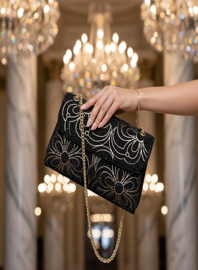 GLOSSY Women/Girl's Beaded Evening Clutch Bag with Gold Chain Strap - Image 2