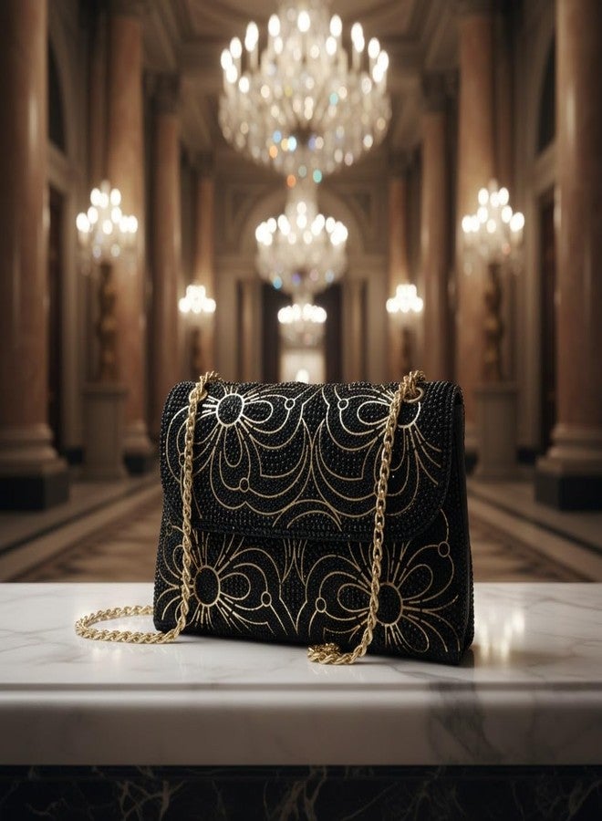 GLOSSY Women/Girl's Beaded Evening Clutch Bag with Gold Chain Strap - Image 3
