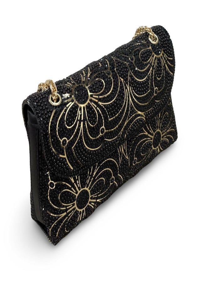 GLOSSY Women/Girl's Beaded Evening Clutch Bag with Gold Chain Strap - Image 1