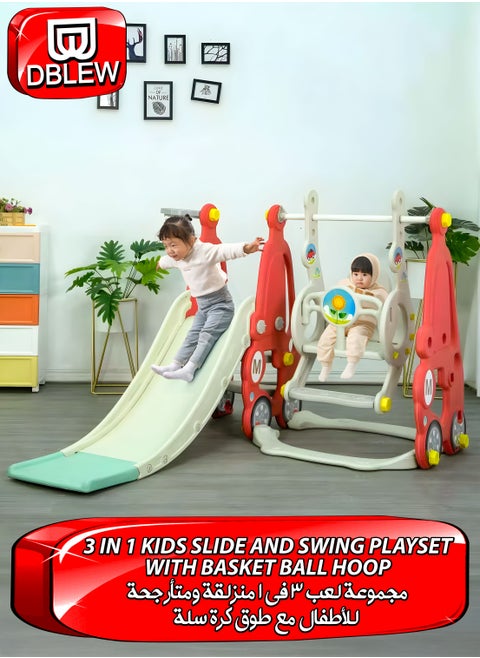 3 in 1 Kids Slide and Swing Playset with Basketball Hoop Height Adjustable Swing with Backrest and Footrest, Detachable Smooth Curved Slide with Safety Rails, Non-Slip Pedal Stairs, Indoor & Outdoor Playground for Toddlers & Children Playing Toy Baby Hanging Chair Kindergarten Baby Large Playground For Fun and Enjoyment