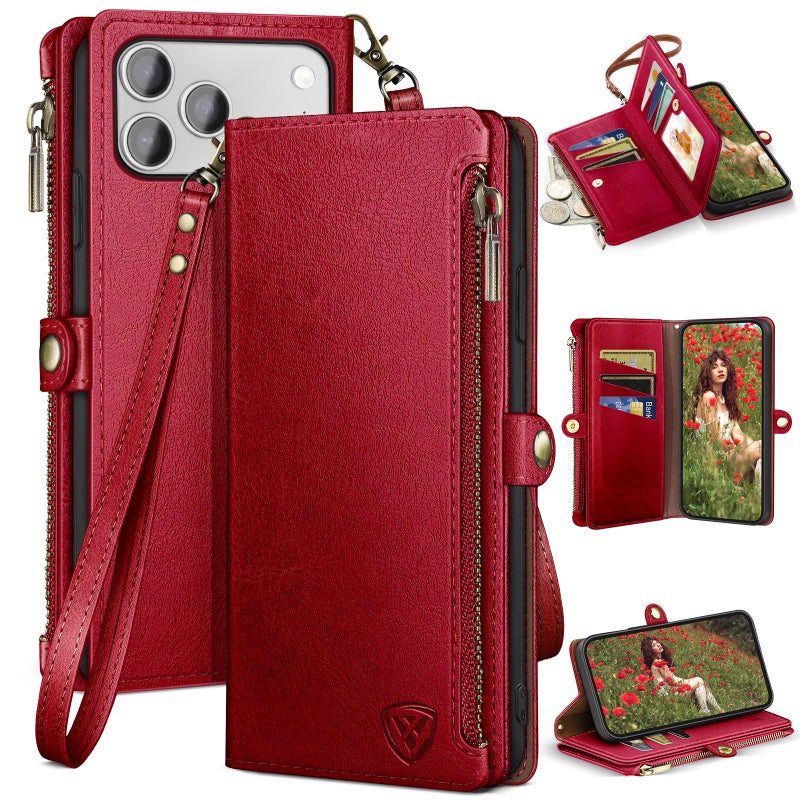 XcaseBar compatible with iPhone 17 Pro 6.3" Wallet case with Zipper Credit Card Holderã€RFID Blockingã€‘,Flip Folio Book PU Leather Phone case Shockproof Cover Women Men for Apple 17 Pro case Red - Image 1