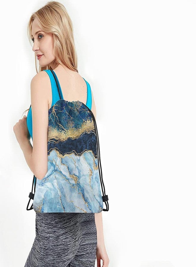 Beabes Marbled Blue Drawstring Bags Backpack Bag Golden Abstract Liquid Paint Art Marble Texture Luxury Pattern Sport Gym Sack Drawstring Bag String Bag Yoga Bag for Men Women - Image 4
