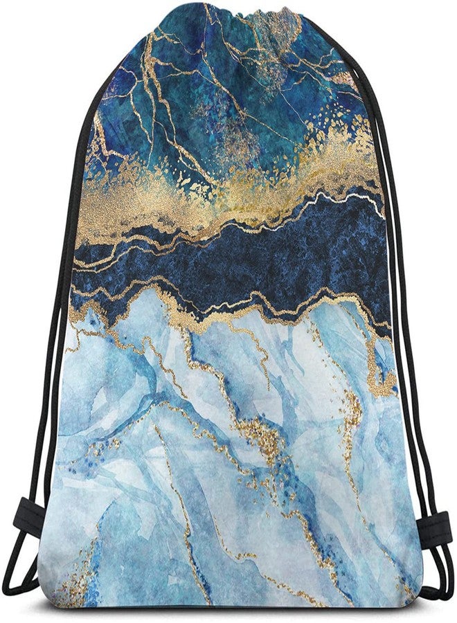 Beabes Marbled Blue Drawstring Bags Backpack Bag Golden Abstract Liquid Paint Art Marble Texture Luxury Pattern Sport Gym Sack Drawstring Bag String Bag Yoga Bag for Men Women - Image 1