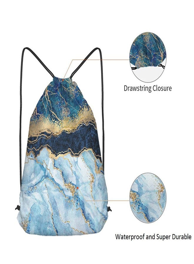 Beabes Marbled Blue Drawstring Bags Backpack Bag Golden Abstract Liquid Paint Art Marble Texture Luxury Pattern Sport Gym Sack Drawstring Bag String Bag Yoga Bag for Men Women - Image 5