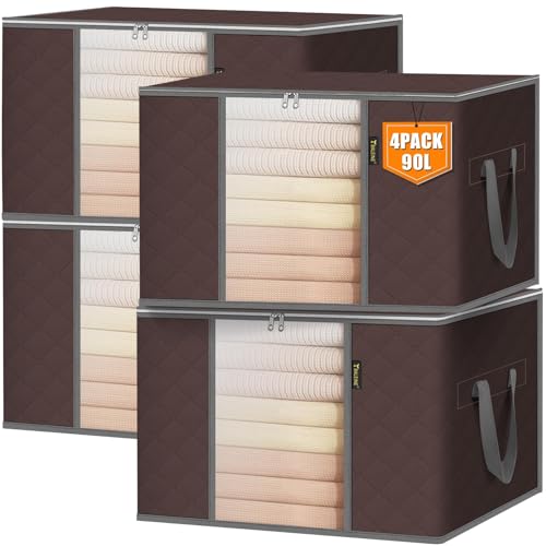 BALEINE 4 Pack Clothes Storage Bags 24 Gallon Storage Containers with Reinforced Handle Sturdy Zipper Closet Organizer for Blanket Comforter Pillow Bedding Brown 4 Pack - Image 1