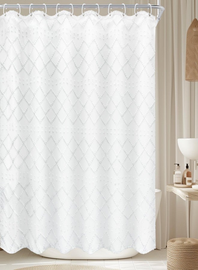 Ufeela Boho White Fabric Textured Shower Curtain 72Wx72L Inch Farmhouse White Tufted Bohemian Geometric Shabby Chic Modern Vintage Luxury Cloth Bathroom Set Bath Bathtub Accessories Home Decor - Image 1