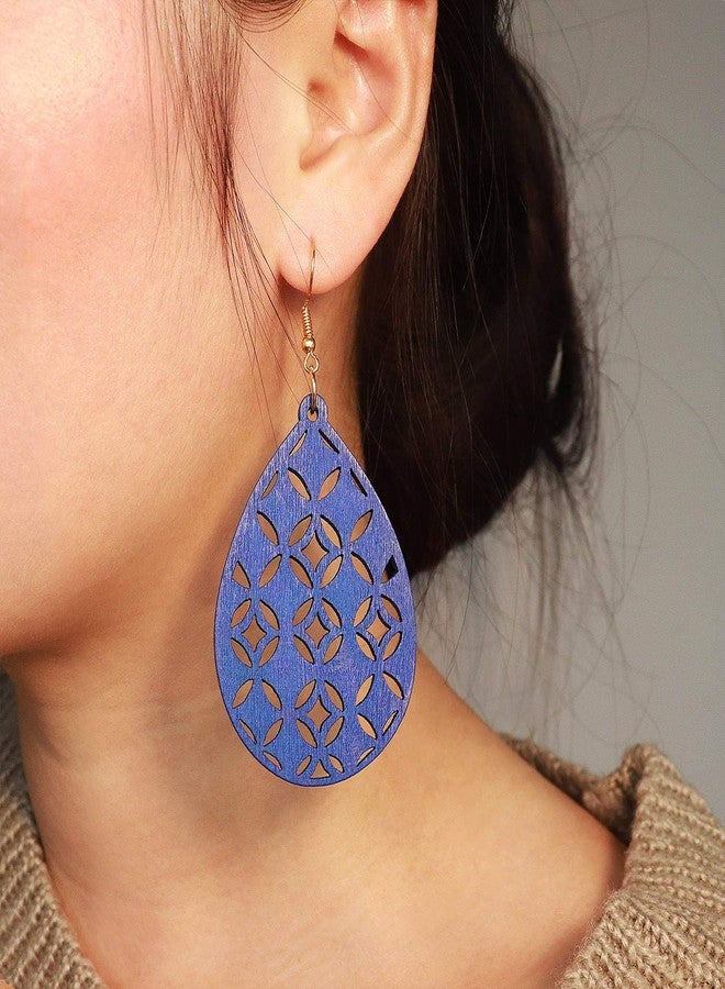 Wovanoo Wooden Cut-out Drop Earrings 2 Pairs Natural Wood Dangle Teardrop Jewelry Gifts Blue Oval - Image 3
