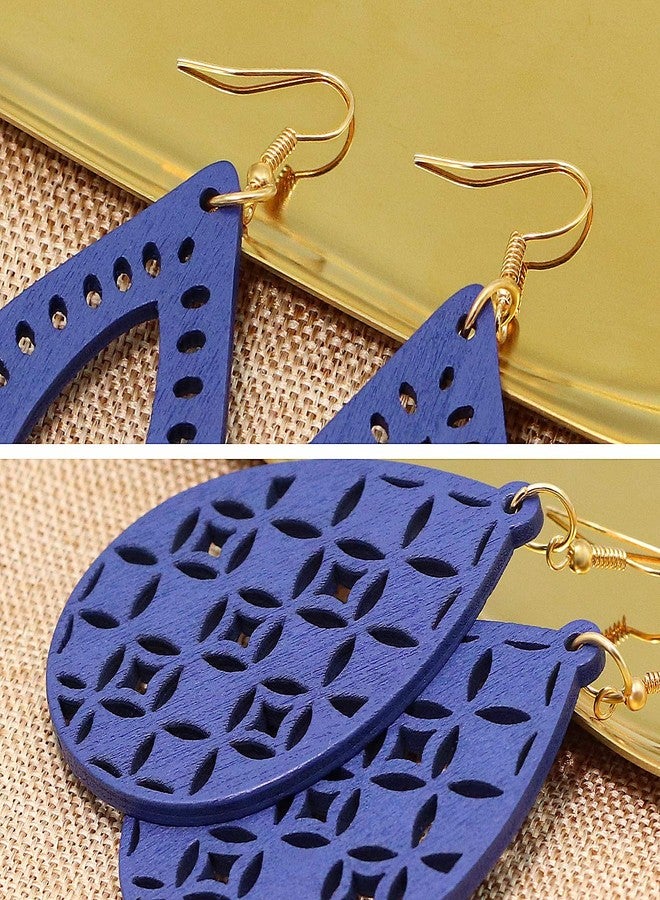 Wovanoo Wooden Cut-out Drop Earrings 2 Pairs Natural Wood Dangle Teardrop Jewelry Gifts Blue Oval - Image 4