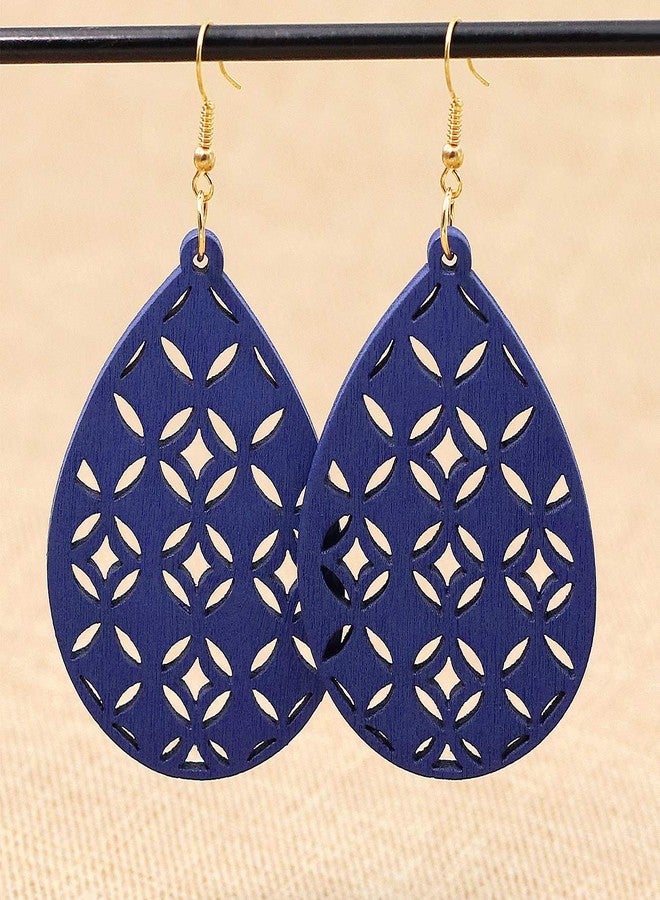Wovanoo Wooden Cut-out Drop Earrings 2 Pairs Natural Wood Dangle Teardrop Jewelry Gifts Blue Oval - Image 5