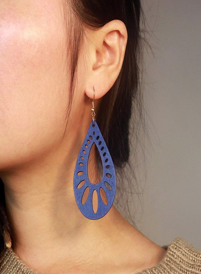 Wovanoo Wooden Cut-out Drop Earrings 2 Pairs Natural Wood Dangle Teardrop Jewelry Gifts Blue Oval - Image 2