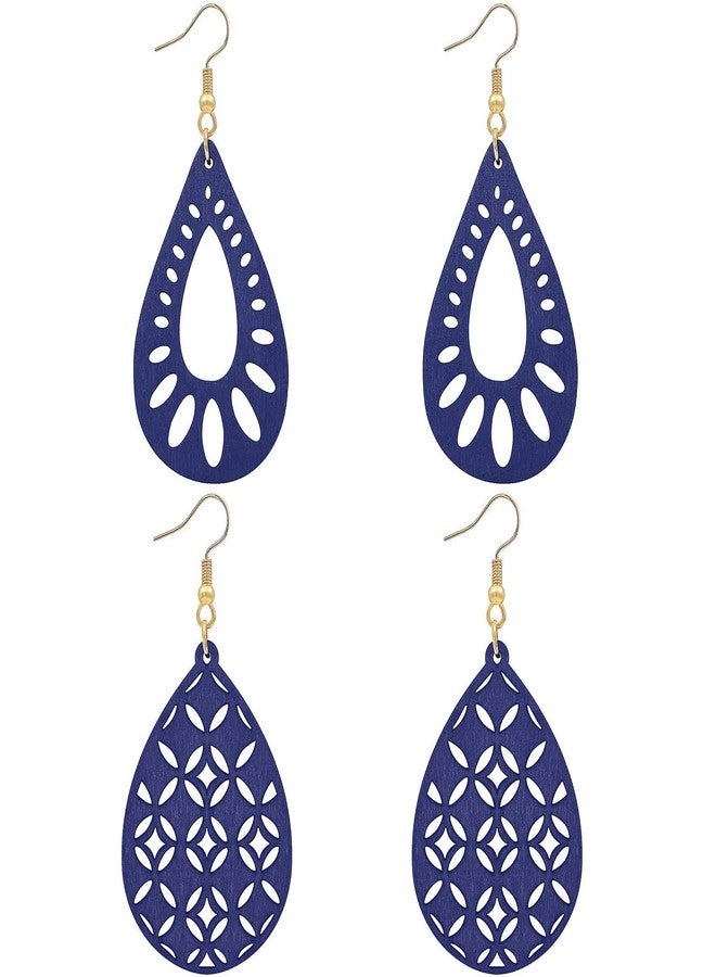 Wovanoo Wooden Cut-out Drop Earrings 2 Pairs Natural Wood Dangle Teardrop Jewelry Gifts Blue Oval - Image 1