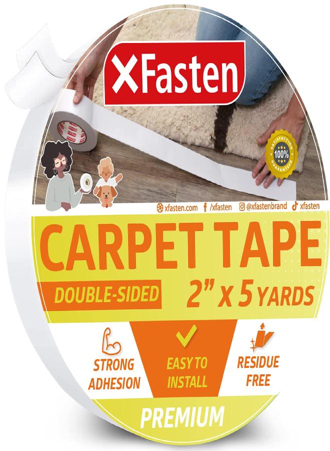 XFasten Double Sided Rug Gripper Tape - 2' x 5 Yds, 3-In Core Carpet Tape for Carpet to Carpet, Hardwood Floors, High Traffic Areas, Easy to Use Area Rug Tape - Image 1