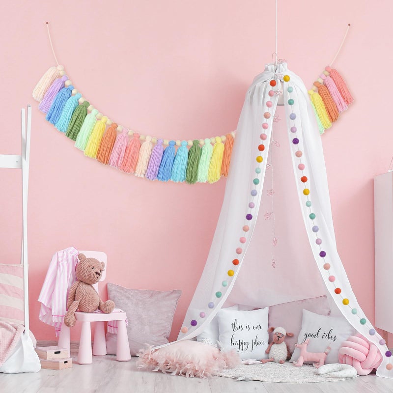 Taimimy 2pcs Longer Boho Tassel Garland, Pom Pom Tassel, Felt Ball Garland,Colorful Wall Hanging Party Decorative Banner Pastel, Home Decoration Wedding Birthday Baby Shower (Longer Rainbow) - Image 2