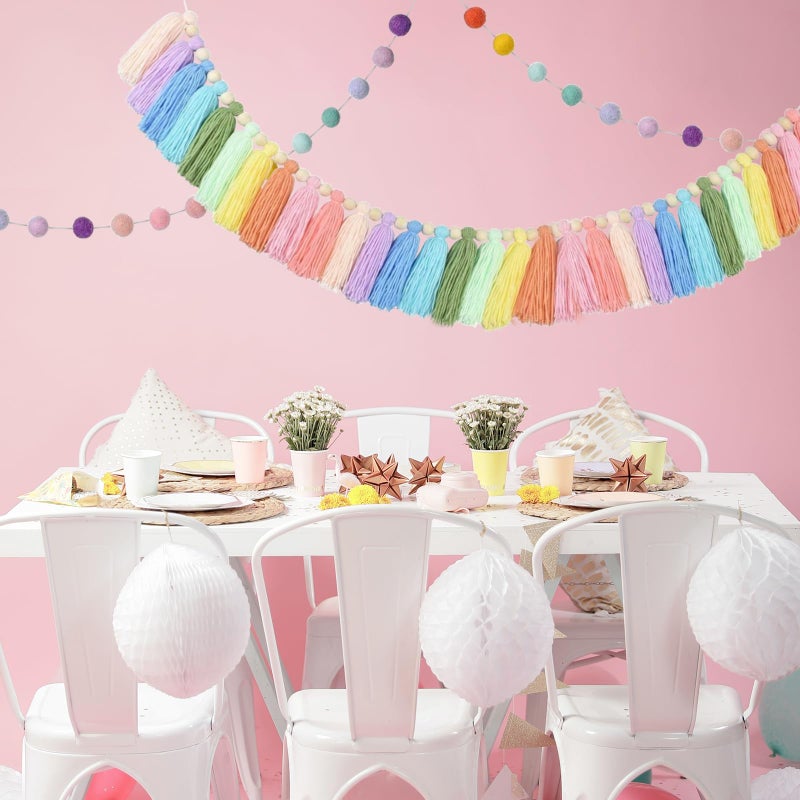 Taimimy 2pcs Longer Boho Tassel Garland, Pom Pom Tassel, Felt Ball Garland,Colorful Wall Hanging Party Decorative Banner Pastel, Home Decoration Wedding Birthday Baby Shower (Longer Rainbow) - Image 5