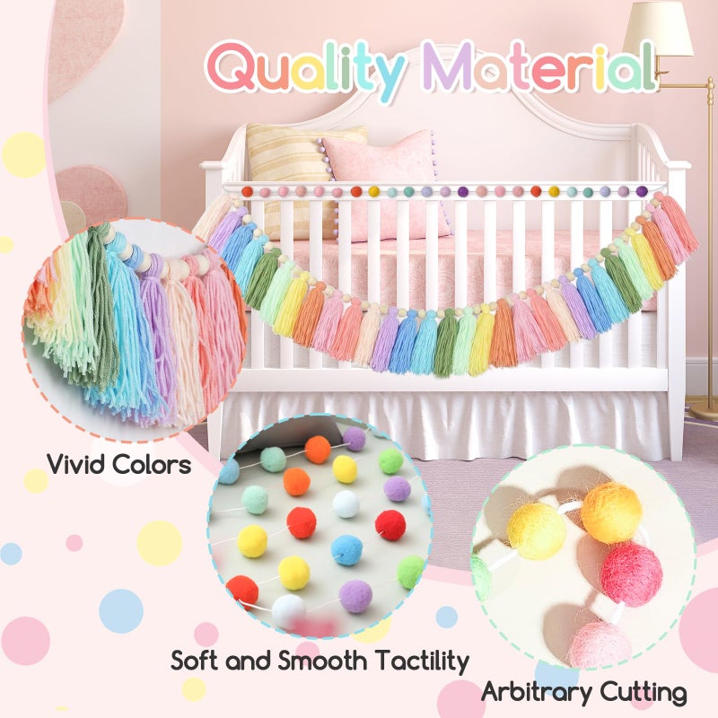 Taimimy 2pcs Longer Boho Tassel Garland, Pom Pom Tassel, Felt Ball Garland,Colorful Wall Hanging Party Decorative Banner Pastel, Home Decoration Wedding Birthday Baby Shower (Longer Rainbow) - Image 4
