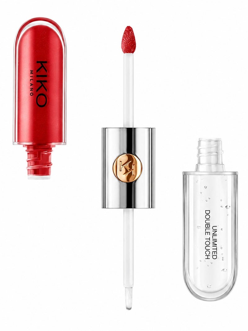KIKO Milano Unlimited Double Touch 106 Satin Ruby Red Rich Liquid Lipstick with Transparent Gloss, Quick-Drying, Up to 16H Wear, 6 ml - Image 1