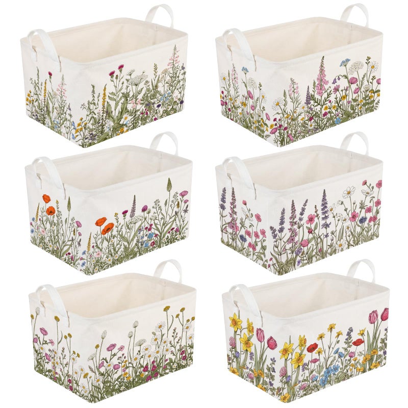 CHENGU 6 Pack Flower Storage Bins Collapsible Wildflower Baskets with Handles Large Multicolored Flower Basket Farmhouse Foldable Organizers Rustic Summer Home Decor for Spring Bedroom Office Home - Image 2