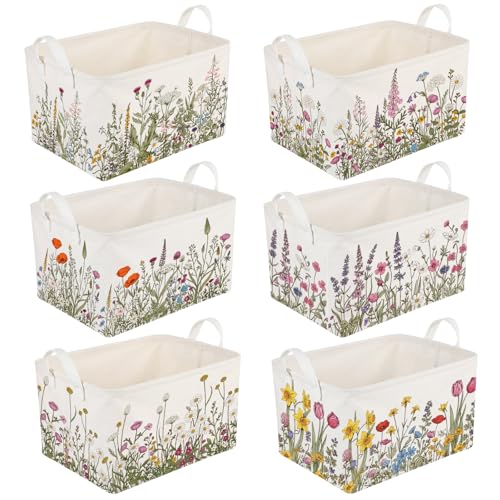 CHENGU 6 Pack Flower Storage Bins Collapsible Wildflower Baskets with Handles Large Multicolored Flower Basket Farmhouse Foldable Organizers Rustic Summer Home Decor for Spring Bedroom Office Home - Image 1