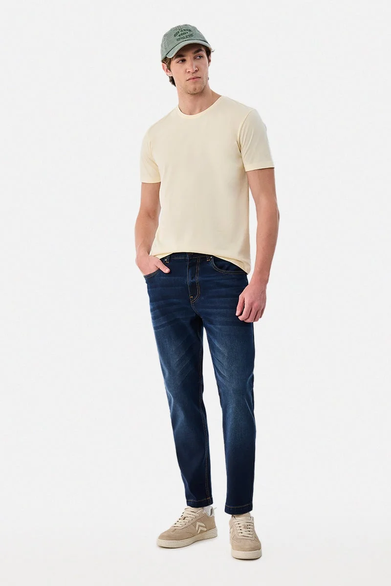 SNITCH Cream Solid Half Sleeve Regular Fit T-Shirt