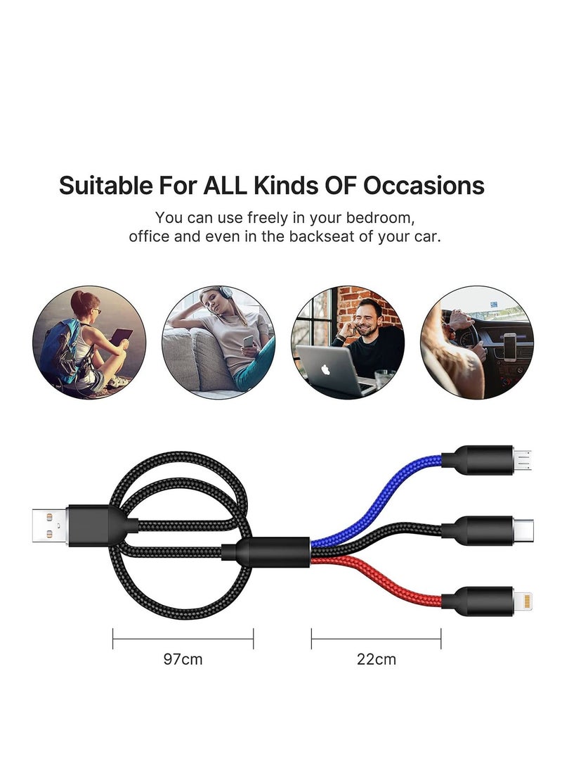 KASTWAVE - Multi Charging Cable, Multi Charger Cable Nylon Braided 3 in 1 Charging Cable Multi USB Cable Fast Charging Cord with Type-C, Micro USB and Lighting Port, Compatible with Most Phones & iPads 2 Packs - Image 1