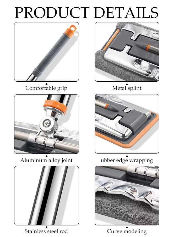 DUNISO Flat Bottomed Mop with Cloth Clip，Rotating Mop，Scalable，Metal Clip Anti Pinch Hand，Can Wipe Desktop, Floor, Walls, and Windows，2 Pads，Orange Grey - Image 3