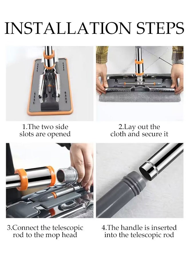 DUNISO Flat Bottomed Mop with Cloth Clip，Rotating Mop，Scalable，Metal Clip Anti Pinch Hand，Can Wipe Desktop, Floor, Walls, and Windows，2 Pads，Orange Grey - Image 4