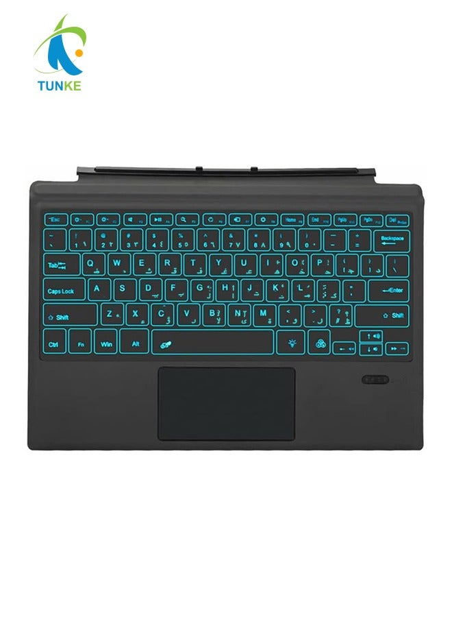 TUNKE Bilingual Bluetooth Keyboard with Large Touchpad for Surface Pro 3/4/5/6/7 – Wireless, Colorful LED (English & Arabic Letters) - Image 1