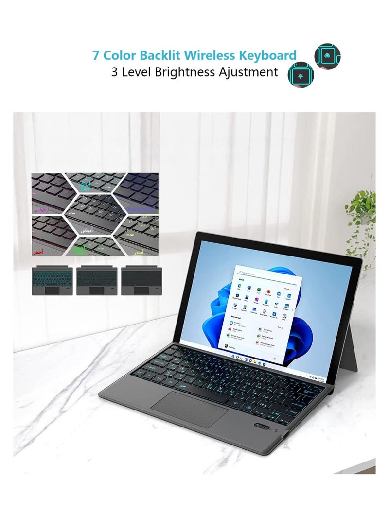 TUNKE Bilingual Bluetooth Keyboard with Large Touchpad for Surface Pro 3/4/5/6/7 – Wireless, Colorful LED (English & Arabic Letters) - Image 4