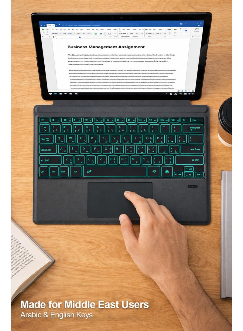 TUNKE Wireless Bluetooth Keyboard with Touchpad for Surface Pro 3/4/5/6/7 (12.3") Arabic & English Keys, Backlit Keyboard, Magnetic Attachment, Type-C Charging - Image 3