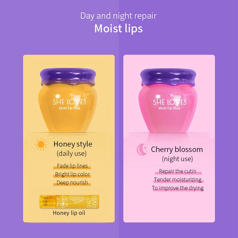 She Loves 2PCS Lip Mask Overnight, Honey&Sakura Day and Night Repair Sleeping Lip Balm, Fade Lip Lines Bee Balm, Hydrating &Prevention Dry and Crack Lip Scrubs Exfoliator - Image 5