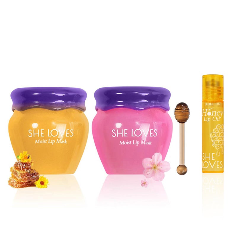 She Loves 2PCS Lip Mask Overnight, Honey&Sakura Day and Night Repair Sleeping Lip Balm, Fade Lip Lines Bee Balm, Hydrating &Prevention Dry and Crack Lip Scrubs Exfoliator - Image 1