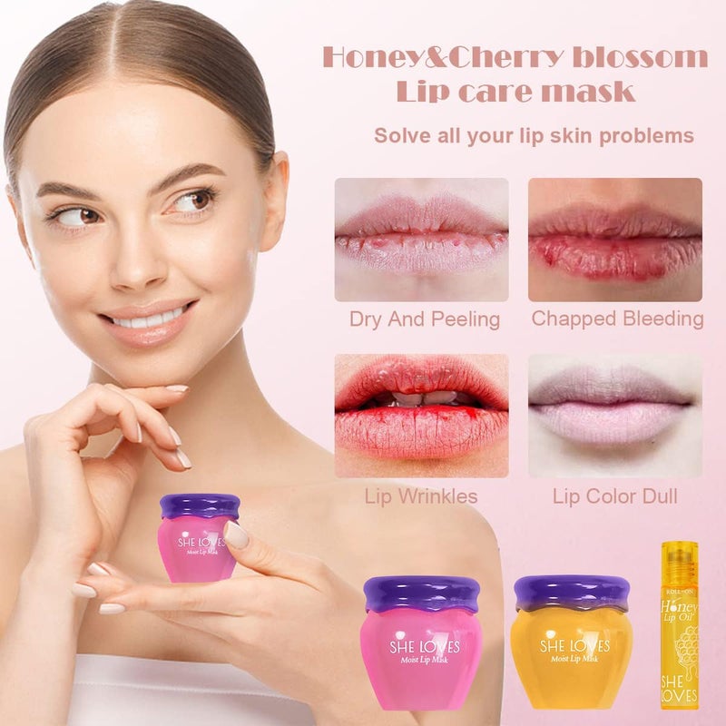 She Loves 2PCS Lip Mask Overnight, Honey&Sakura Day and Night Repair Sleeping Lip Balm, Fade Lip Lines Bee Balm, Hydrating &Prevention Dry and Crack Lip Scrubs Exfoliator - Image 3