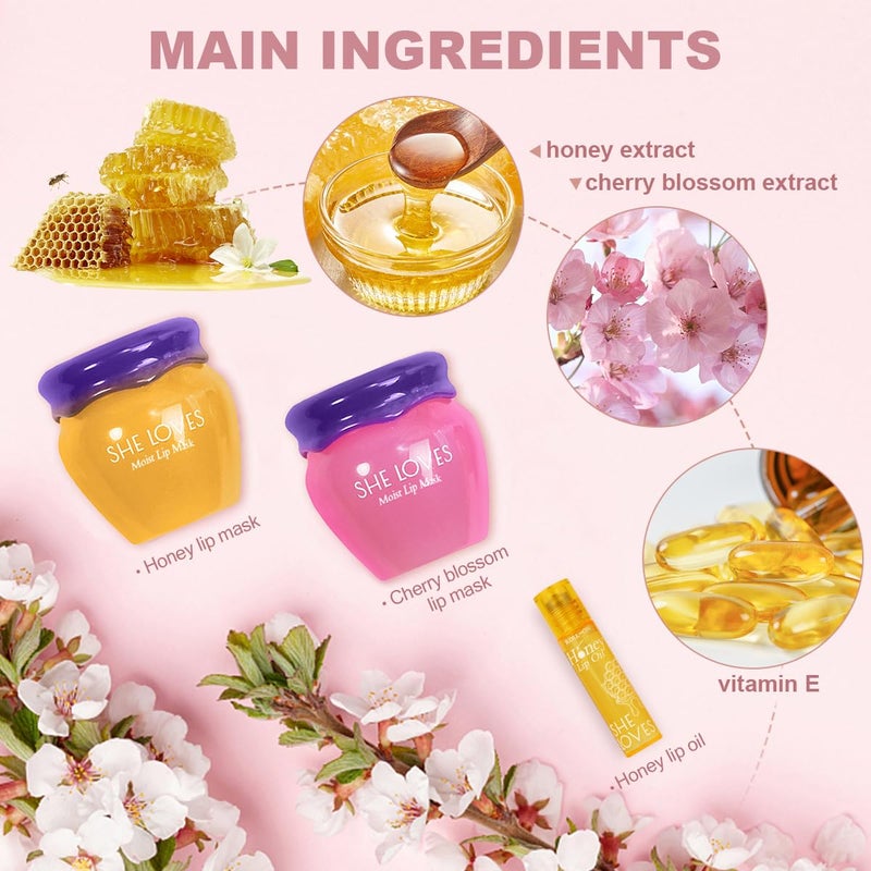 She Loves 2PCS Lip Mask Overnight, Honey&Sakura Day and Night Repair Sleeping Lip Balm, Fade Lip Lines Bee Balm, Hydrating &Prevention Dry and Crack Lip Scrubs Exfoliator - Image 2