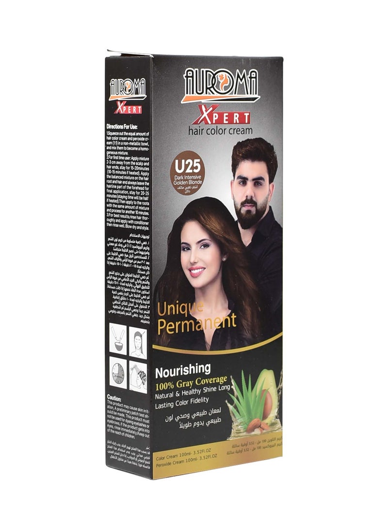 AUROMA كريم صبغة شعر خالي من الأمونيا - 100 مل كريم + 100 مل مطور أشقر داكن U25 - Image 1